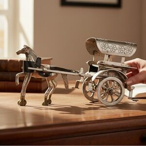 Vintage 60s Brass Horse and Carriage Figurine India Etched Floral‎ Metal Decor